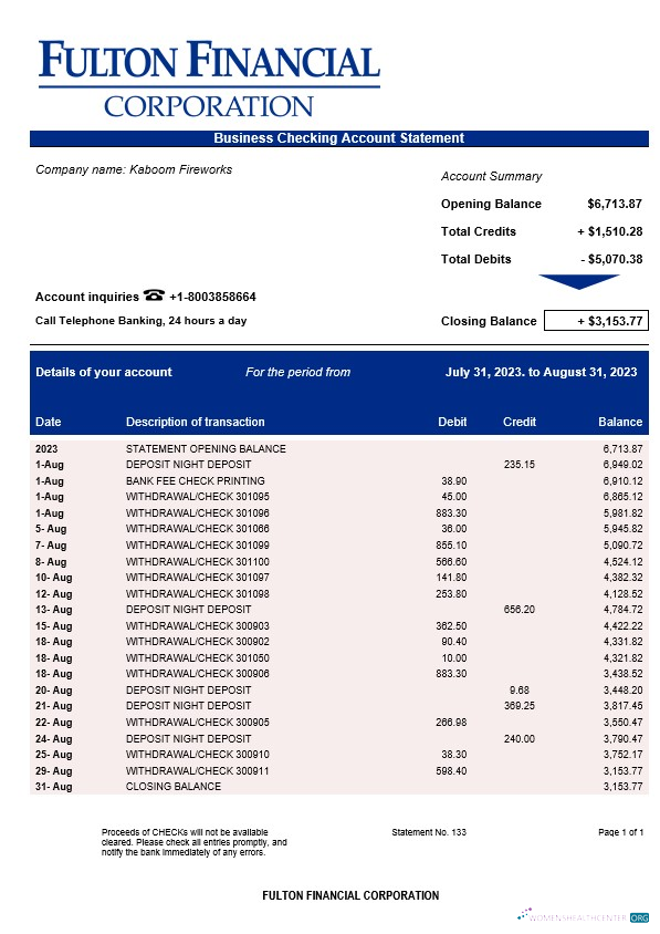 Fulton Financial Corporation enterprise account statement Word and PDF template